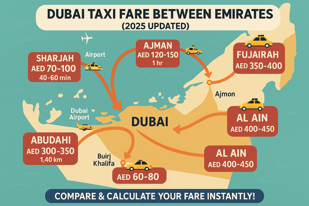 Infographic showing 2025 Dubai taxi fares to Abu Dhabi, Sharjah, Ajman, Fujairah, Ras Al Khaimah, and Al Ain with travel time and distance.