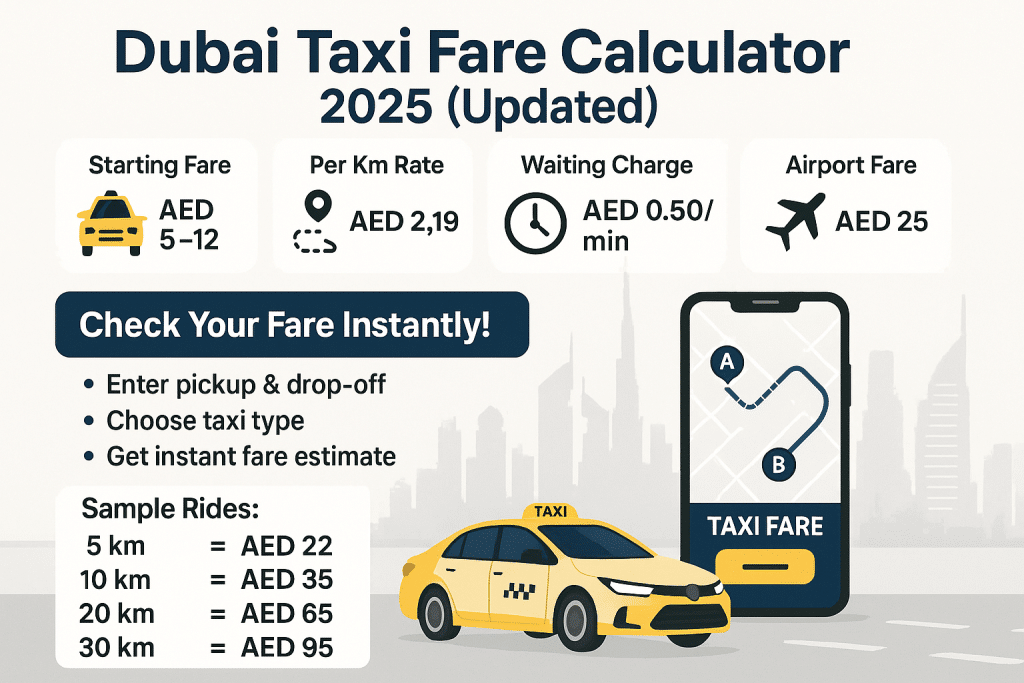 Informative infographic on Dubai Taxi Fare Calculator 2025 featuring updated RTA rates, sample trip costs, and easy steps to calculate your taxi fare using RTA or Careem apps.