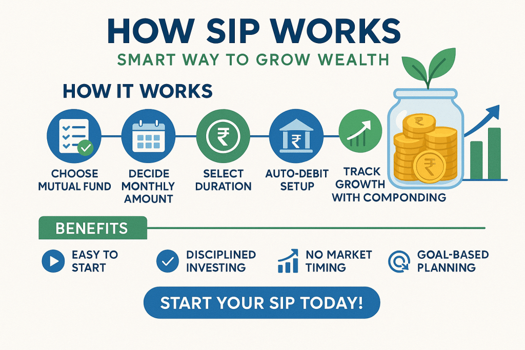 Infographic showing how a Systematic Investment Plan works with steps, benefits, and compounding growth visuals.