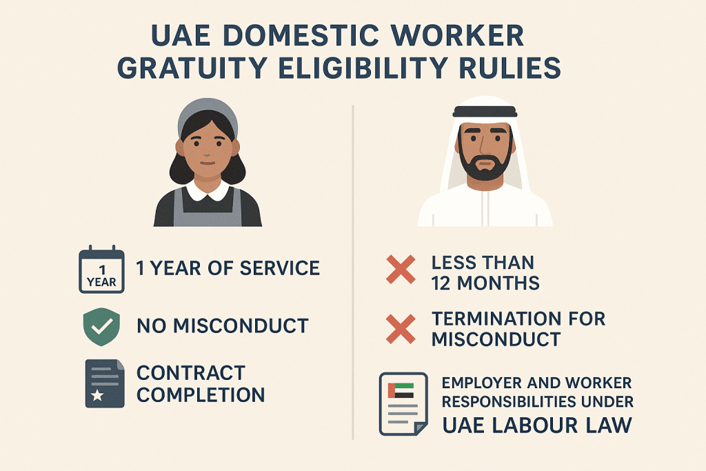 Infographic explaining UAE domestic worker gratuity eligibility, conditions, and legal responsibilities for both employer and worker.