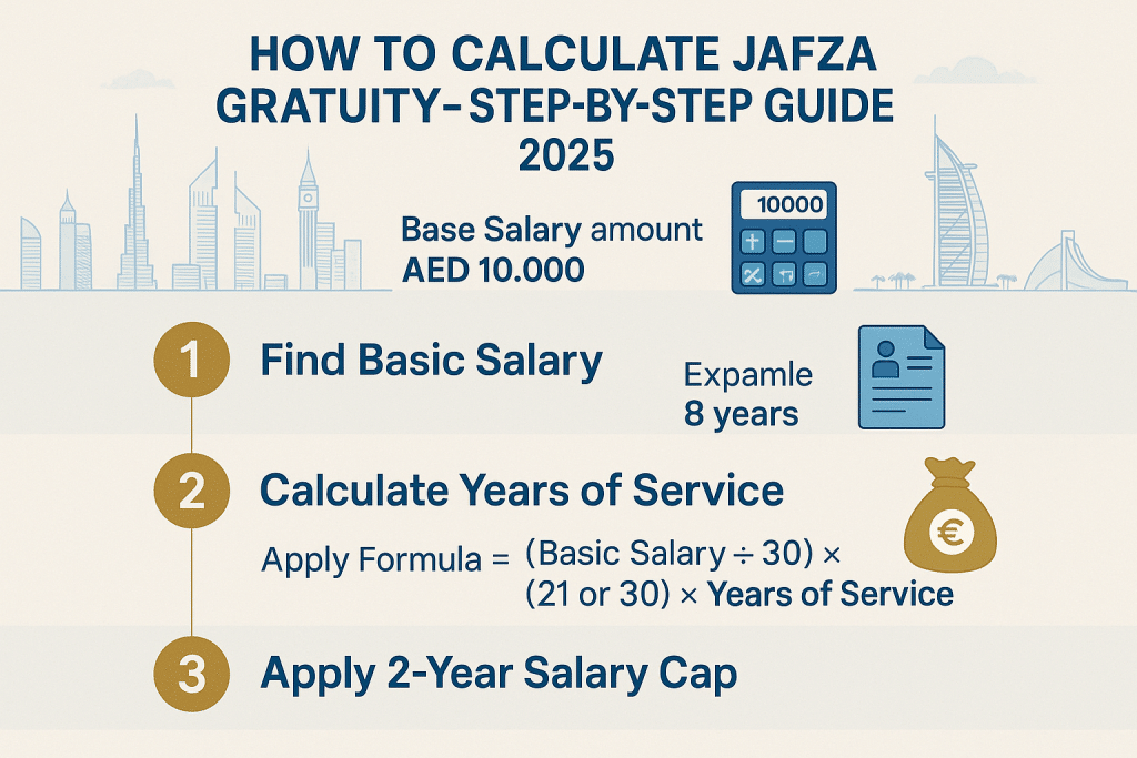 JAFZA gratuity step-by-step infographic 2025 showing calculation formula, salary cap, and key steps with UAE labour visuals.