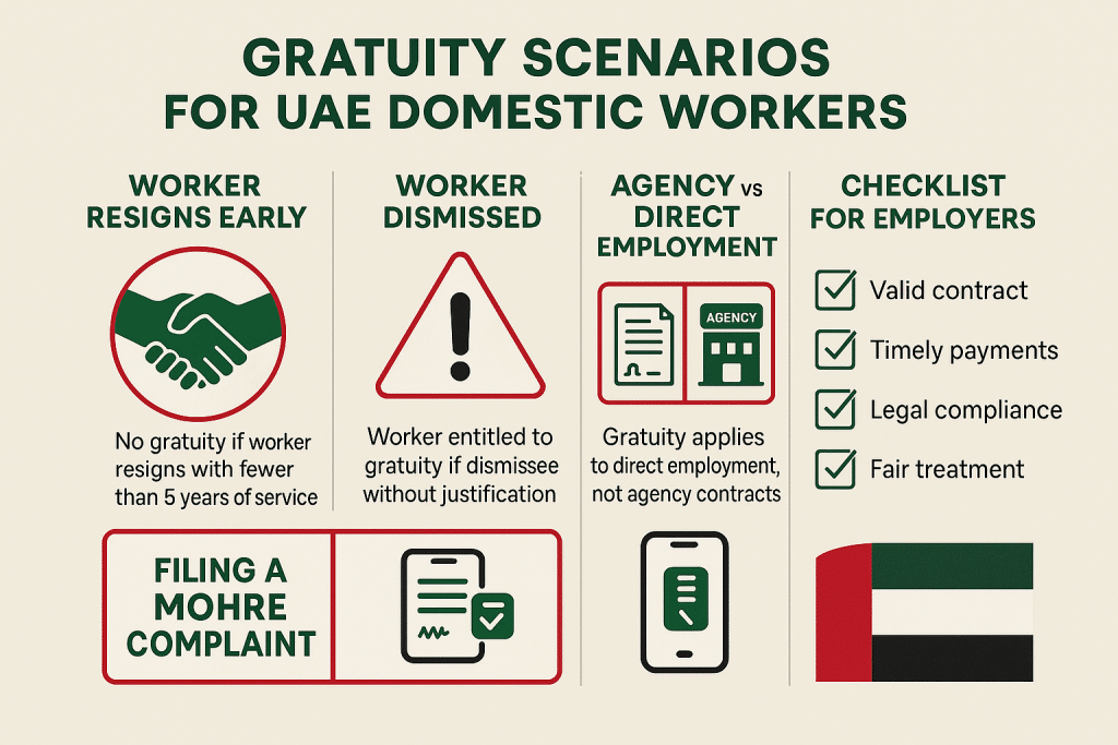 “Infographic explaining UAE domestic worker gratuity scenarios, complaint process, and employer compliance checklist.”