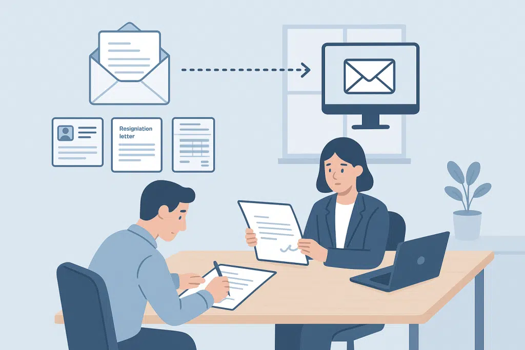 Illustration of an employee preparing and sending a gratuity request to HR with ID proof and resignation documents.