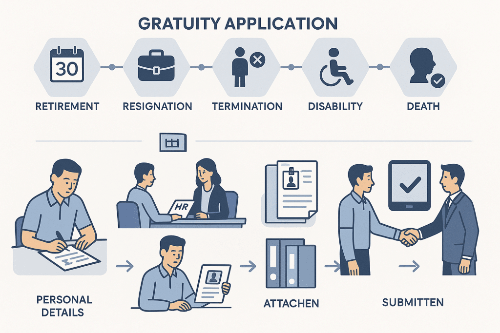 Infographic of an employee submitting a gratuity application with HR-related visuals and documents.