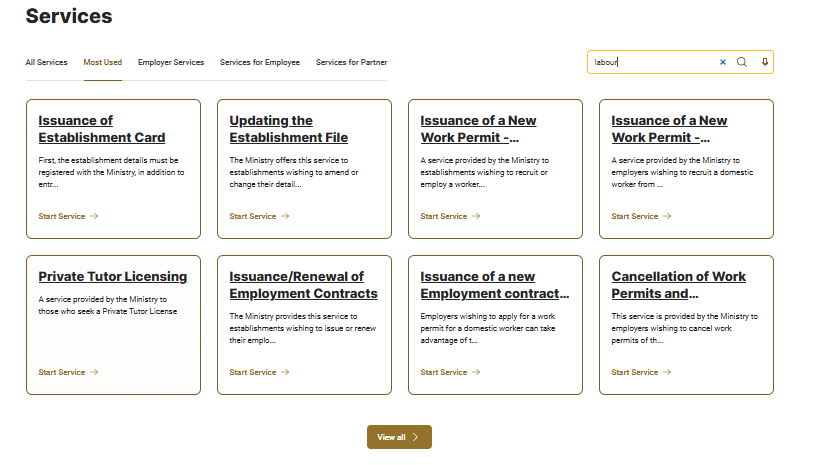 A Screenshot of MOHRE services on website