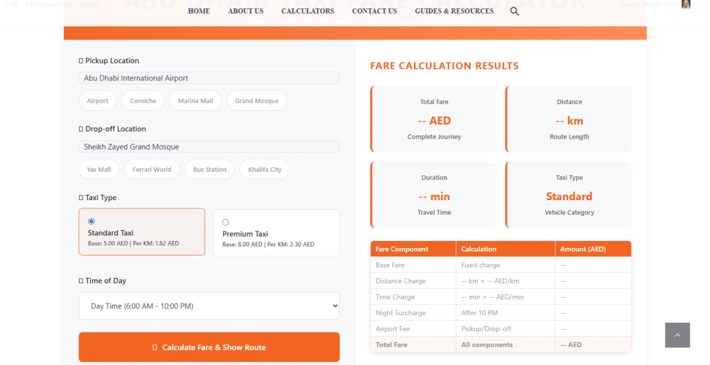 A Screenshot of Dhabi Taxi Fare Calculator