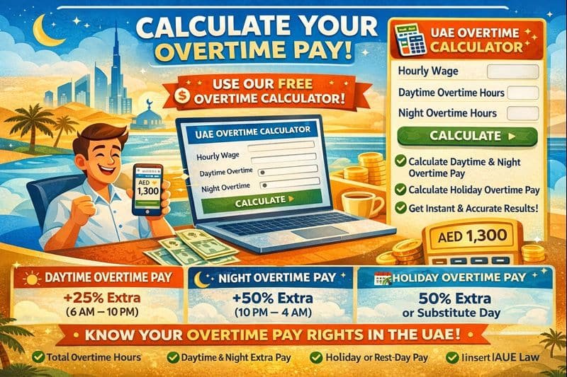 UAE overtime pay infographic showing daytime, night, and holiday overtime rates with a free overtime calculator.
