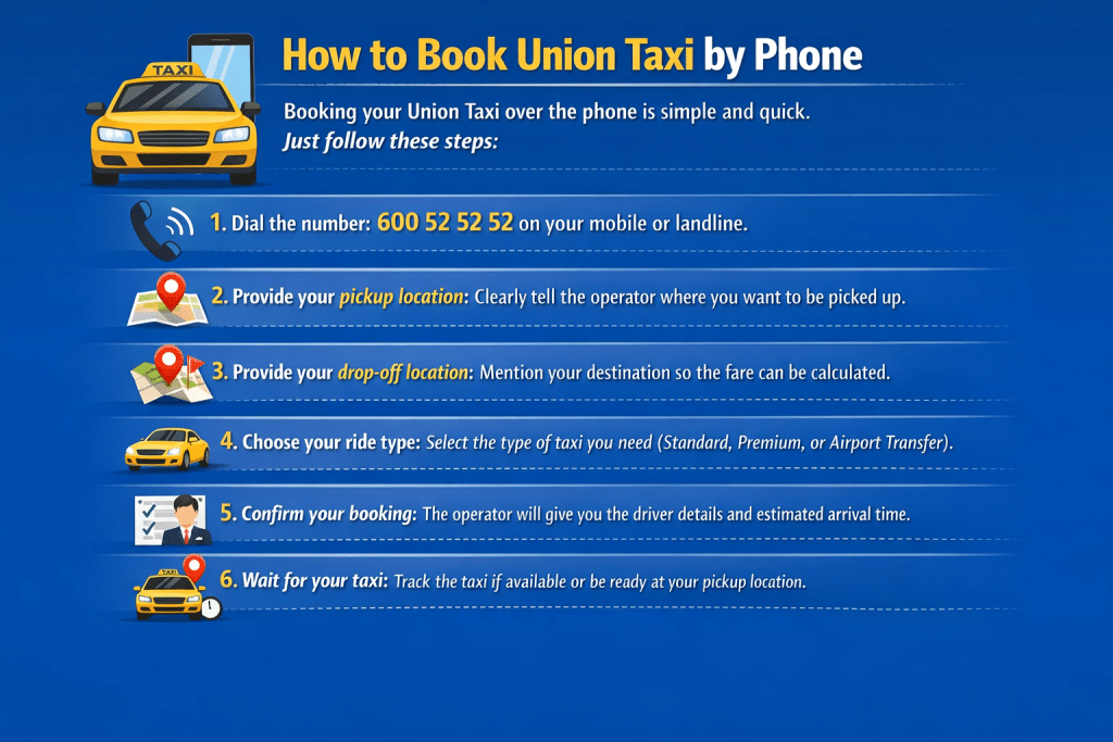 Step-by-step guide on how to book Union Taxi by phone with number 600 52 52 52, including pickup, drop-off, ride type, and confirmation.