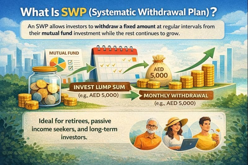 Informative visual explaining how an SWP works, where investors withdraw a fixed monthly amount from a mutual fund while the remaining investment stays invested and grows over time