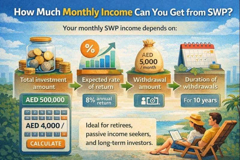 Illustration showing how monthly income from SWP depends on investment amount, expected return, withdrawal amount, and duration