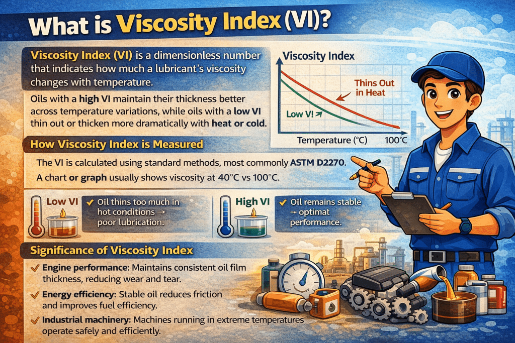 Animated mechanic explaining viscosity index (VI) with a temperature vs viscosity chart, high VI and low VI oil examples, and industrial machinery illustrations.
