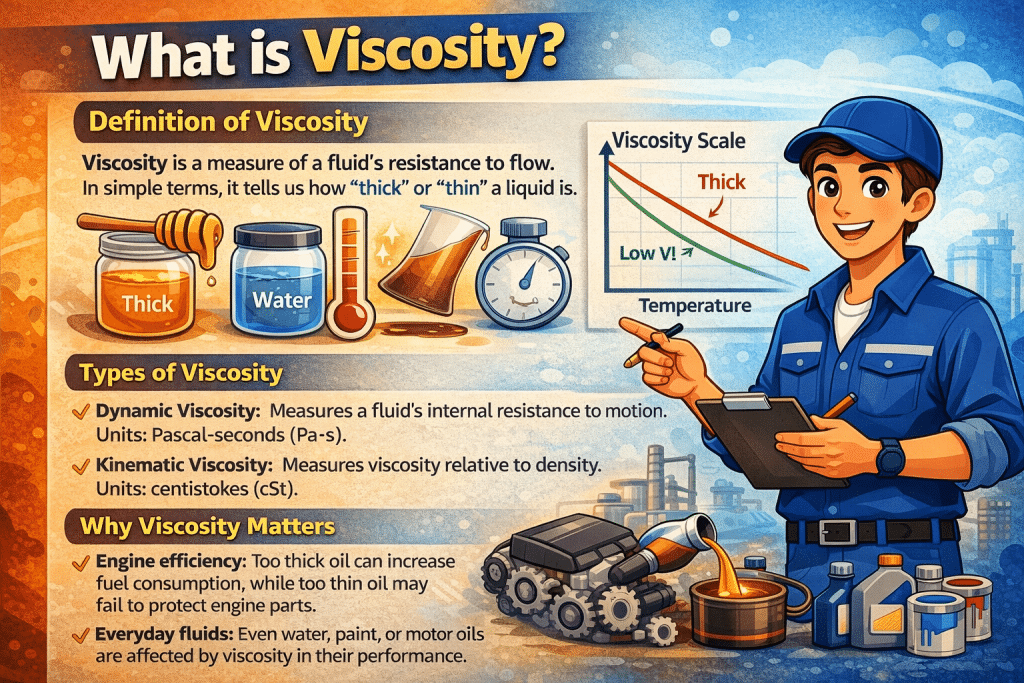 Animated mechanic explaining viscosity with jars of honey and water, viscosity scale chart, and engine illustration, showing types and importance of viscosity.