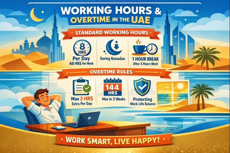 showing standard working hours and overtime rules in the UAE, including 8-hour workdays, Ramadan hour reductions, and overtime limits