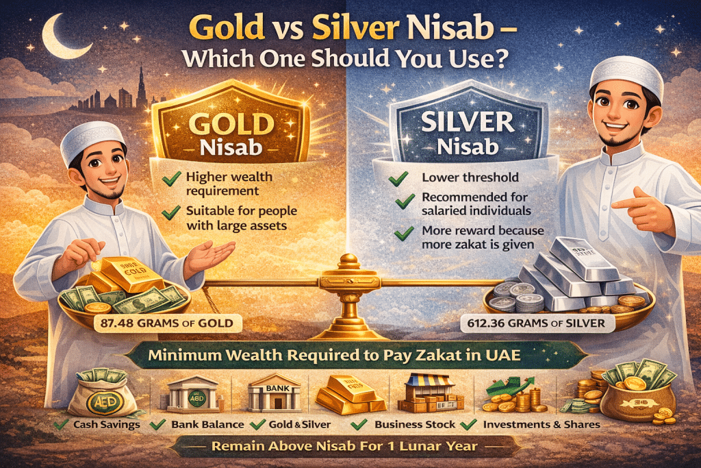 Animated Muslim men with gold and silver, showing Gold vs Silver Nisab and zakat requirements in UAE.