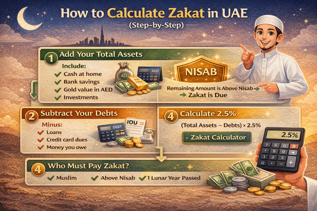 Animated Muslim man calculating zakat with a calculator, showing steps to add assets, subtract debts, check nisab, and calculate 2.5% in UAE.