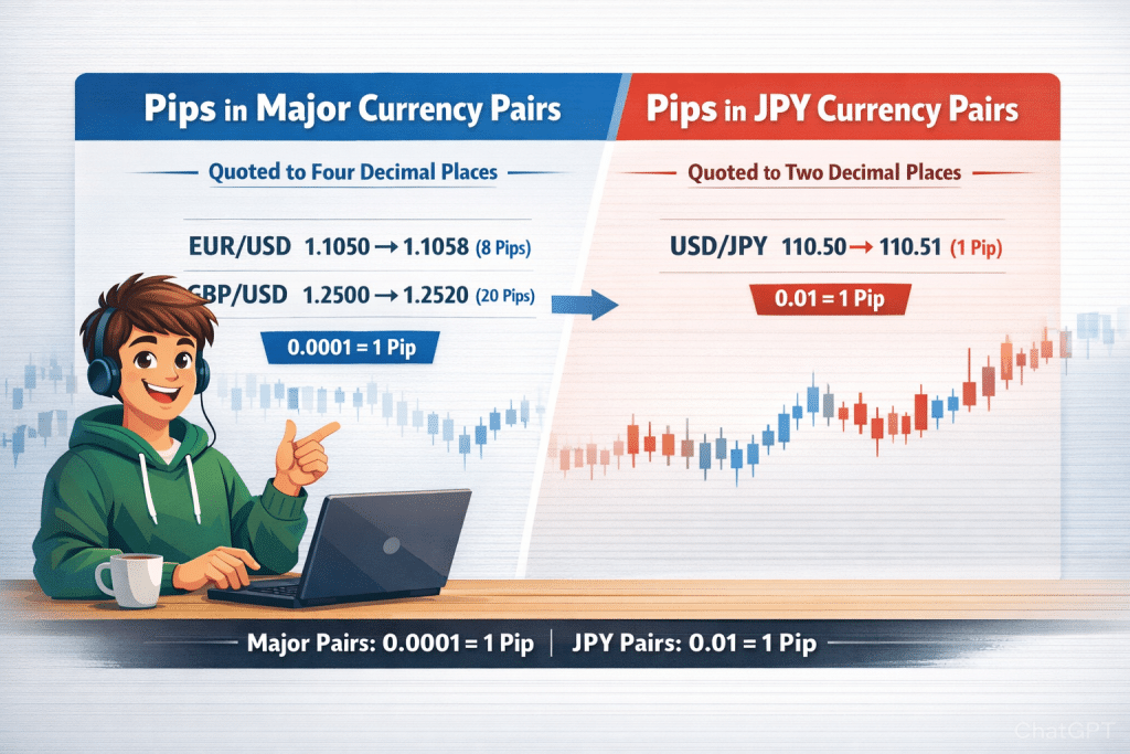 Animated person explaining pip calculation in forex trading, showing major currency pairs like EUR/USD and GBP/USD with four-decimal pips and JPY pairs like USD/JPY with two-decimal pips.
