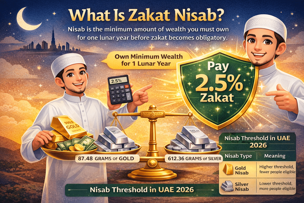 Animated Muslim man holding a calculator with 2.5%, gold, silver, and AED currency on a scale, showing Zakat Nisab in UAE 2026.
