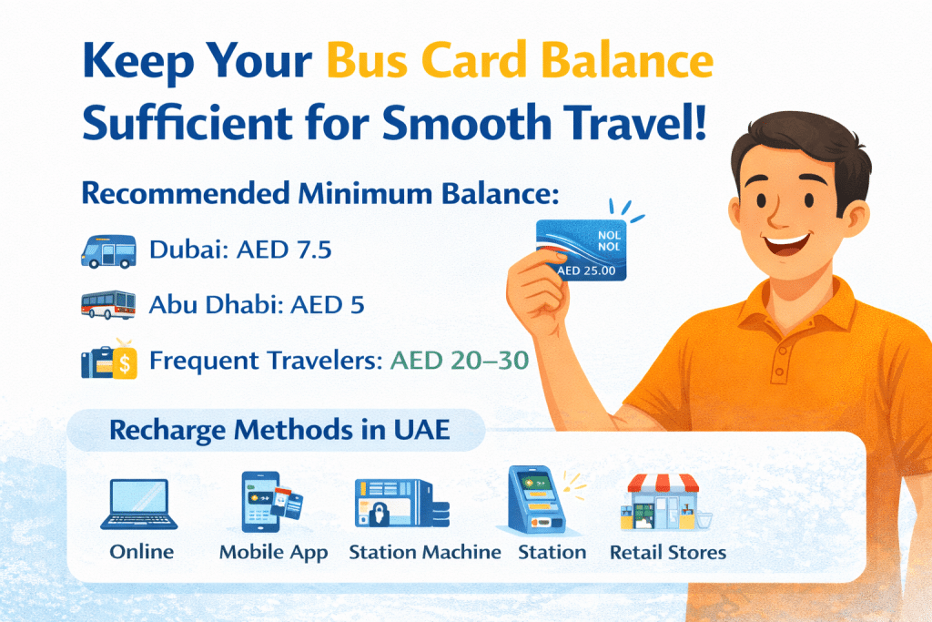 Infographic showing recommended bus card balances in the UAE and recharge methods, with a man holding a NOL card.