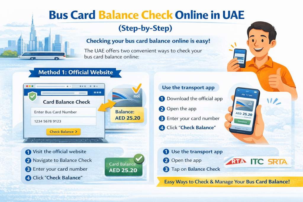 Infographic showing step-by-step ways to check bus card balance online in the UAE using the official website or mobile app.