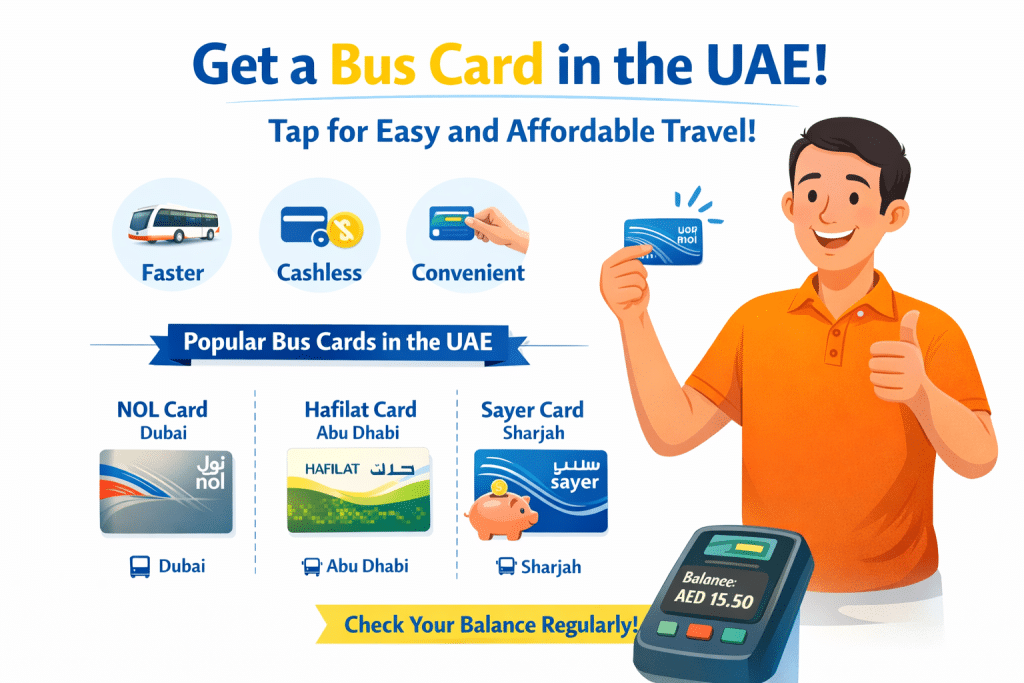 Infographic showing UAE bus cards including NOL (Dubai), Hafilat (Abu Dhabi), and Sayer (Sharjah) with benefits like faster, cashless, and convenient public transport.