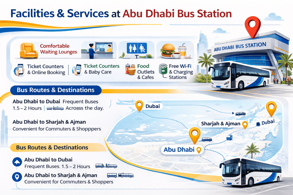 Abu Dhabi Bus Station infographic showing facilities, services, and major bus routes.