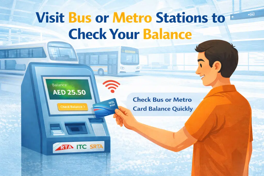 Man checking UAE bus card balance at a metro or bus station machine using a NOL card.