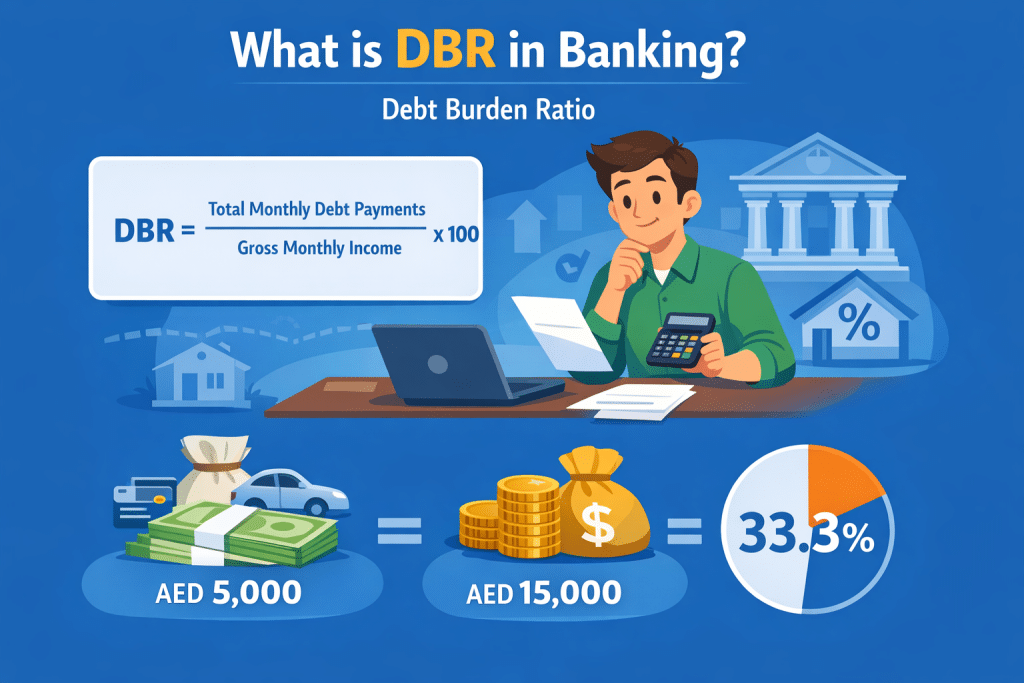 Infographic explaining DBR (Debt Burden Ratio) in banking with formula, example calculation (AED 5,000 ÷ AED 15,000 = 33.3%), pie chart, and animated person using calculator and laptop.