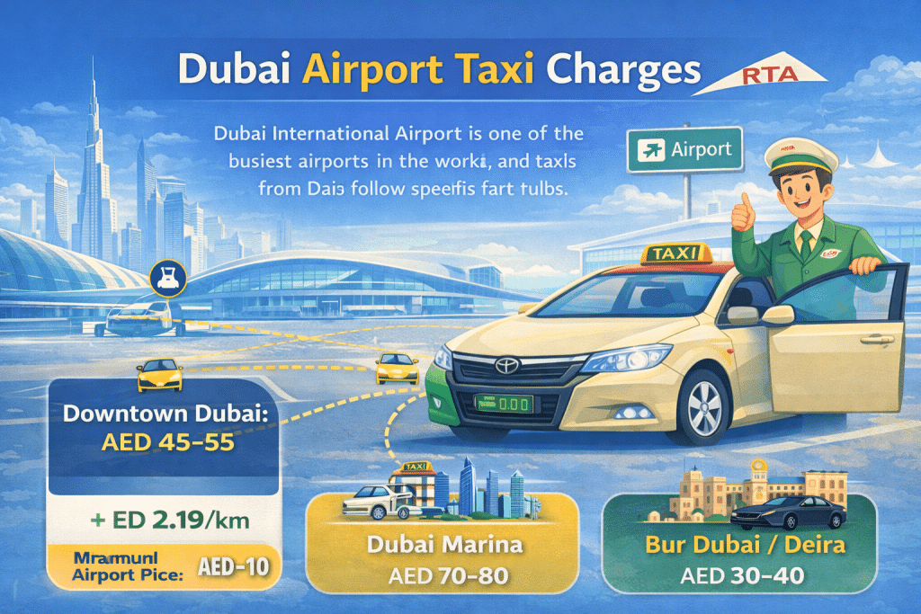 Infographic showing Dubai Airport taxi charges from DXB with fares to Downtown Dubai (AED 45–55), Dubai Marina (AED 70–80), and Bur Dubai/Deira (AED 30–40), plus airport pickup fee details and animated taxi driver.