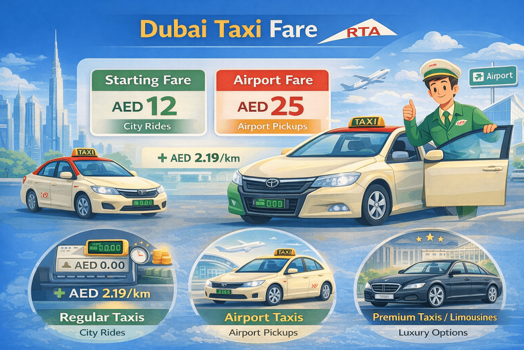 Infographic showing Dubai taxi fare details with starting fare AED 12, airport pickup AED 25, AED 2.19 per kilometer rate, and different taxi types including regular, airport, and premium taxis.