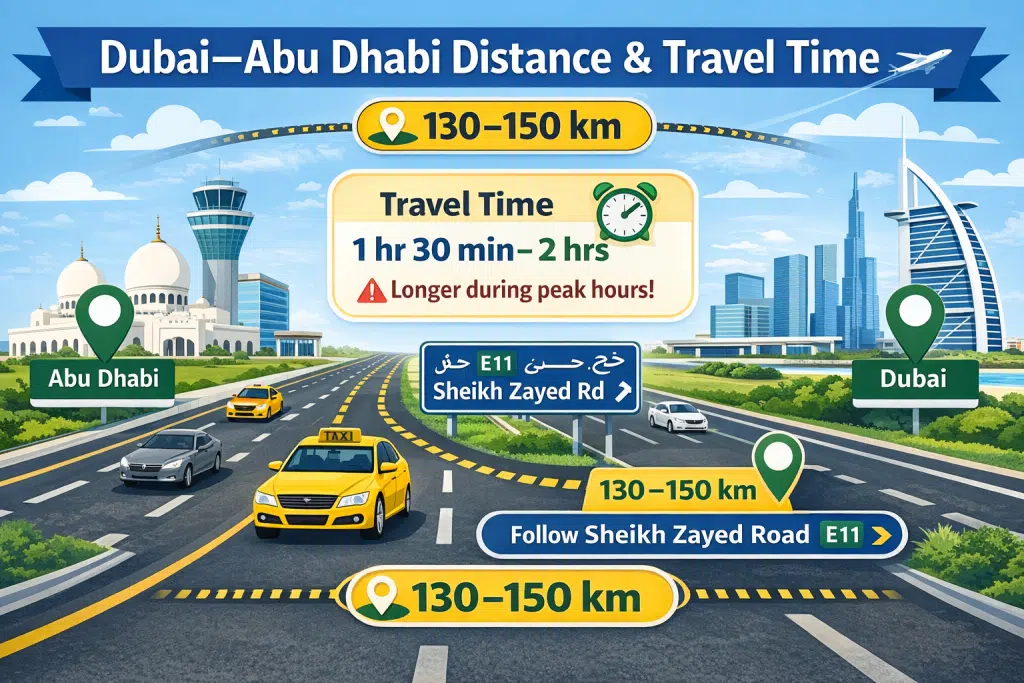 Infographic showing Dubai–Abu Dhabi distance, travel time, and Sheikh Zayed Road route with taxi illustration.