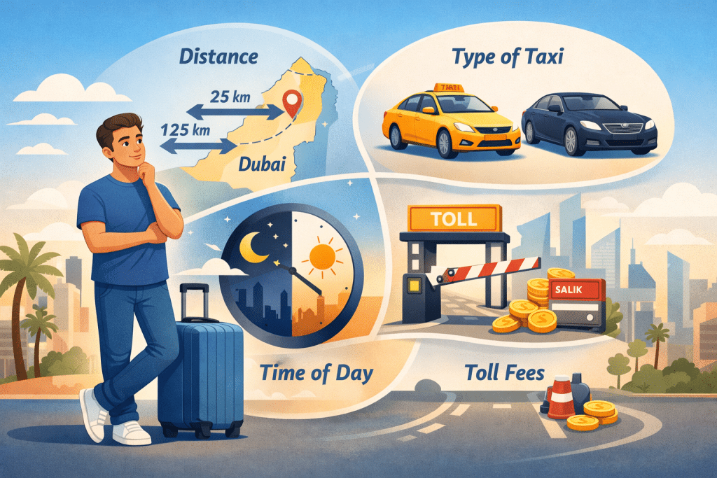 Animated person planning a taxi trip from Dubai to other Emirates with visual icons showing distance, taxi types, time of day, and toll fees.