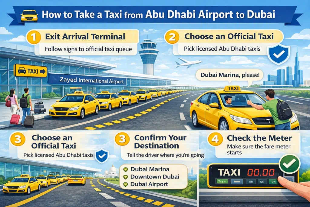 Infographic showing steps to take a taxi from Abu Dhabi Airport to Dubai safely.