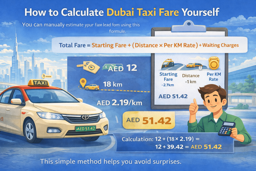 Infographic explaining how to calculate Dubai taxi fare manually using the formula: Starting Fare + (Distance × Per KM Rate) + Waiting Charges, with example calculation resulting in AED 51.42.