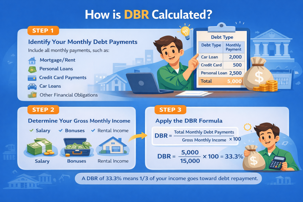 Infographic showing how DBR is calculated with three steps: listing monthly debts (car loan AED 2,000, credit card AED 500, personal loan AED 2,500 totaling AED 5,000), identifying gross income (AED 15,000), and applying the formula to get 33.3%.