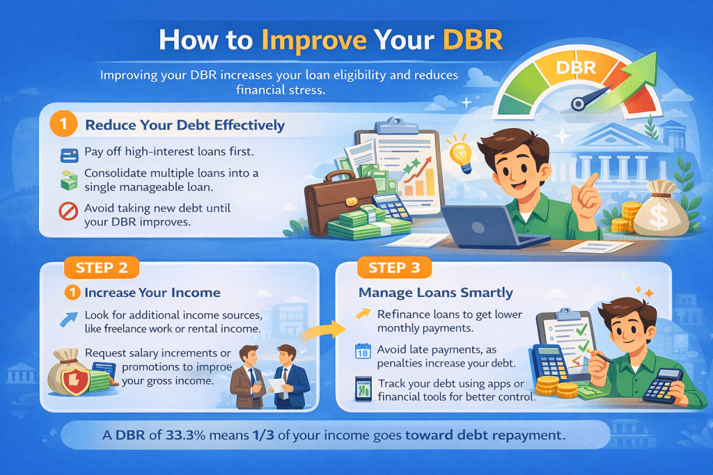 Infographic titled “How to Improve Your DBR” showing three steps: reduce debt, increase income, and manage loans smartly, with an animated person, financial icons, and a DBR meter rising upward.