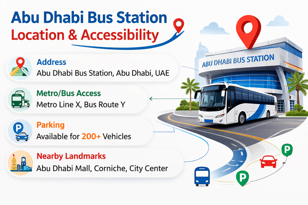 Abu Dhabi Bus Station location and accessibility with key details.