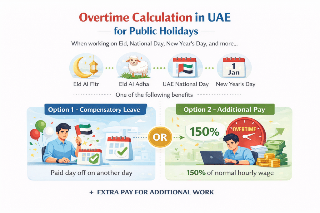 UAE public holiday overtime: Eid, National Day, New Year; compensatory leave or 150% pay.
