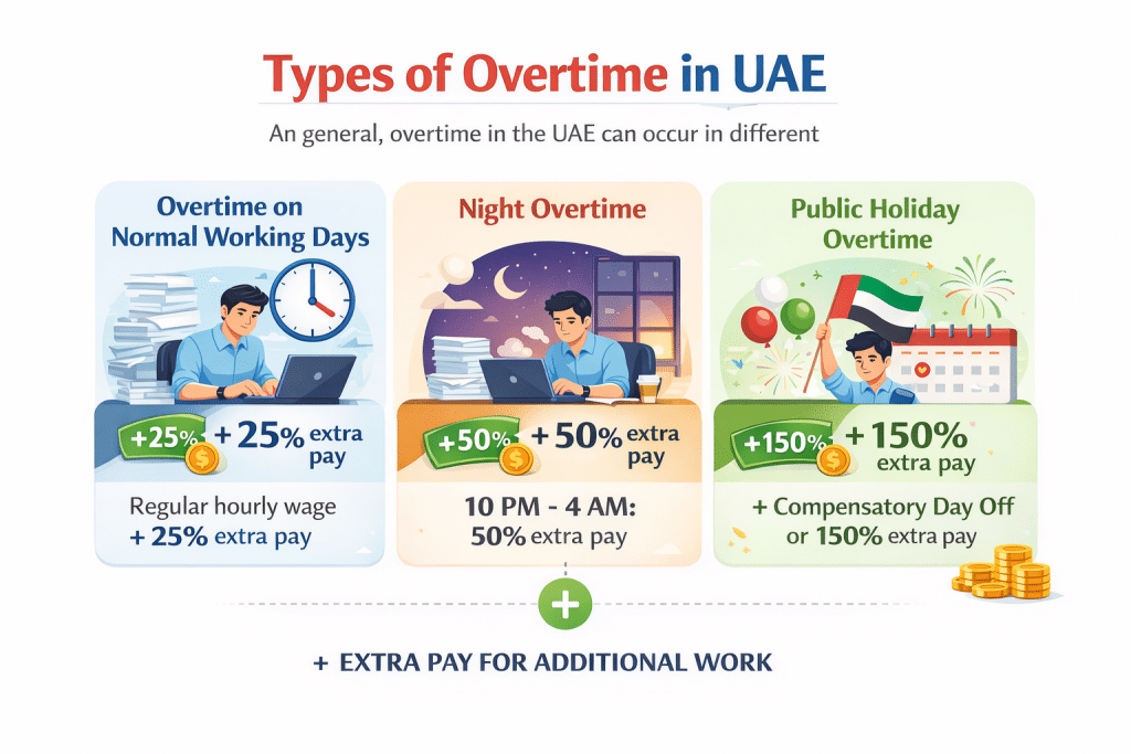 Types of UAE overtime: normal day +25%, night 10PM-4AM +50%, public holiday +150% or compensatory day off.