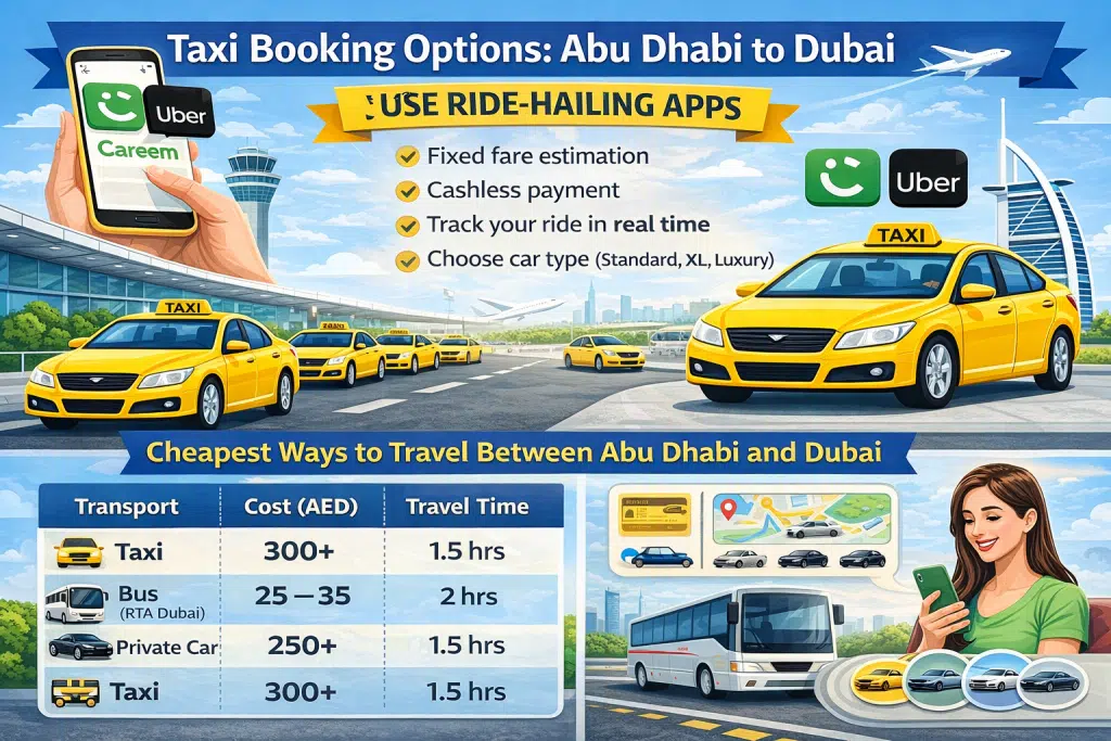Infographic showing Abu Dhabi to Dubai taxi booking options, ride-hailing apps, and travel comparison.