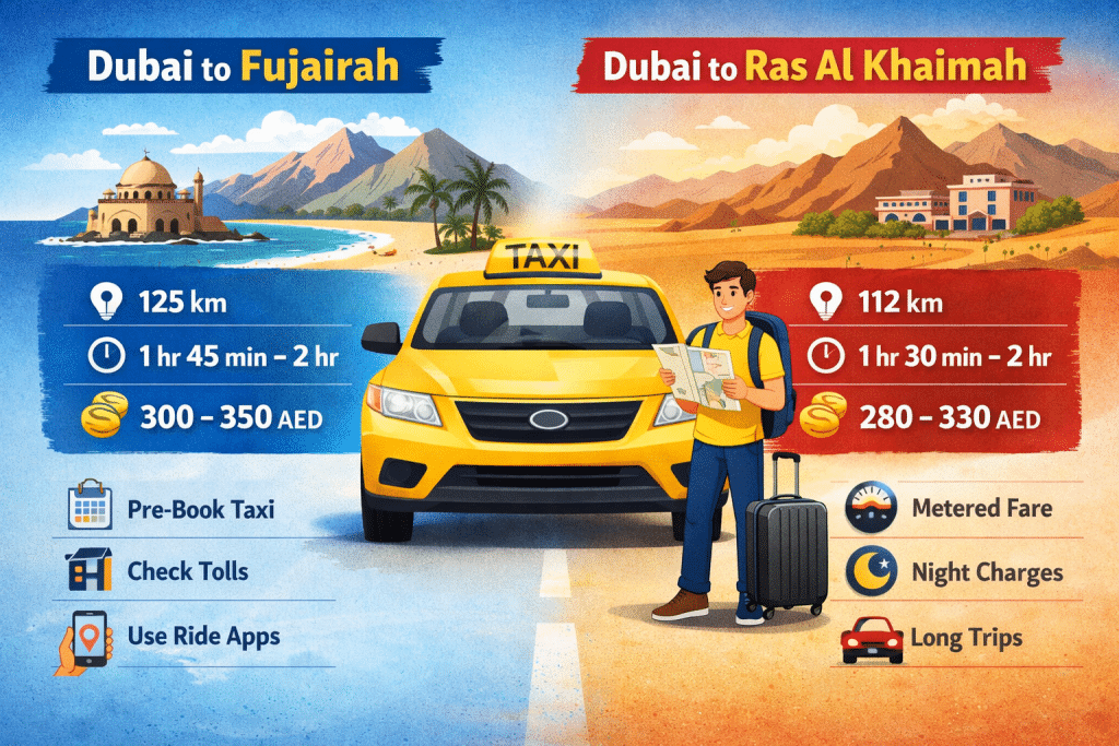 Animated person checking a map or smartphone showing taxi routes from Dubai to Fujairah and Ras Al Khaimah with taxi icons and route lines
