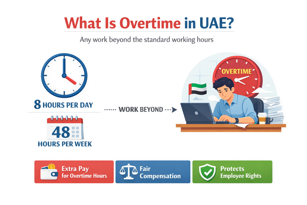 UAE overtime: 8 hrs/day, 48 hrs/week, extra pay, fair compensation, employee rights.