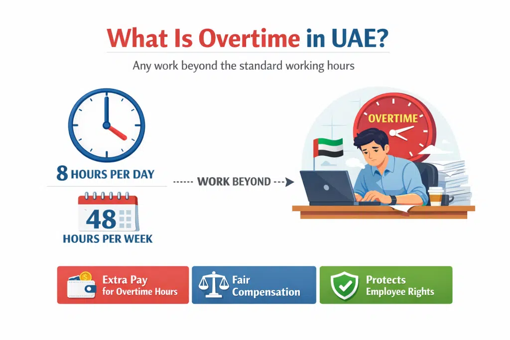 UAE overtime: 8 hrs/day, 48 hrs/week, extra pay, fair compensation, employee rights.