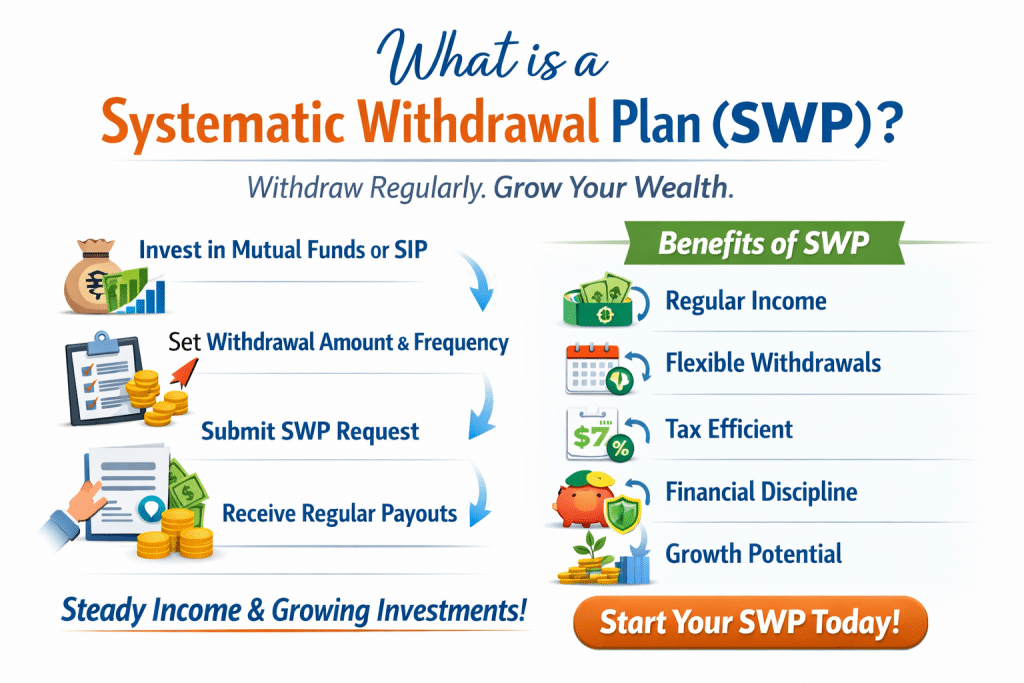 Infographic showing SWP steps and benefits: regular income, flexibility, tax efficiency, discipline, and growth.