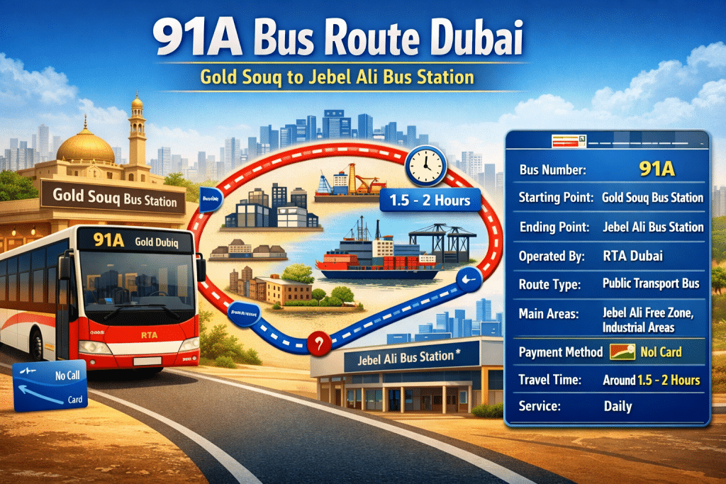 91A bus route Dubai infographic showing travel from Gold Souq Bus Station to Jebel Ali Bus Station with route map and RTA bus.
