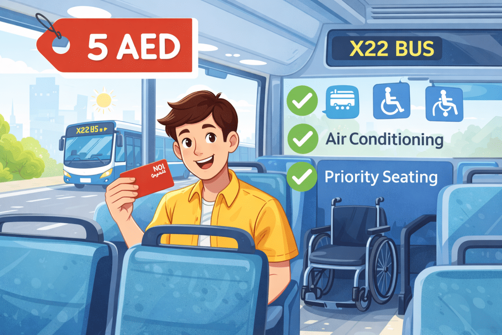 X22 bus fare Dubai illustration showing passenger using Nol card on modern city bus