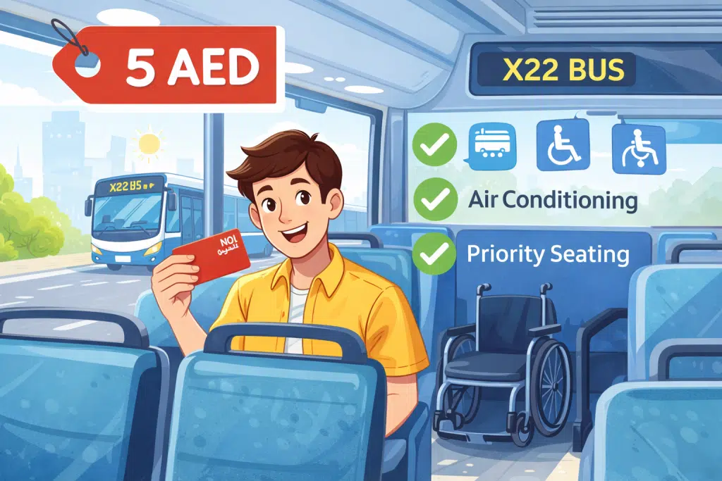 X22 bus fare Dubai illustration showing passenger using Nol card on modern city bus