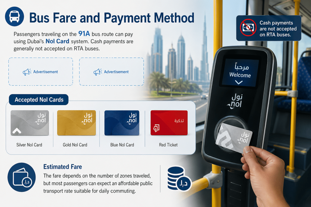 Bus fare infographic showing Nol Card payment system on Dubai 91A route with card types and no cash policy.