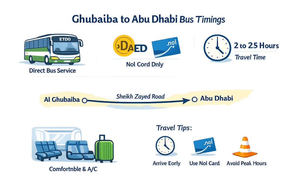 E100 bus infographic showing fare, travel time, route, and travel tips from Ghubaiba to Abu Dhabi