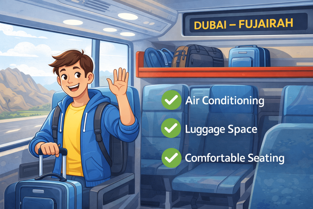 Dubai to Fujairah bus interior showing passenger seating and air conditioned comfort