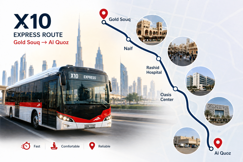 X10 express bus route infographic from Gold Souq to Al Quoz with key stops and Dubai skyline background.
